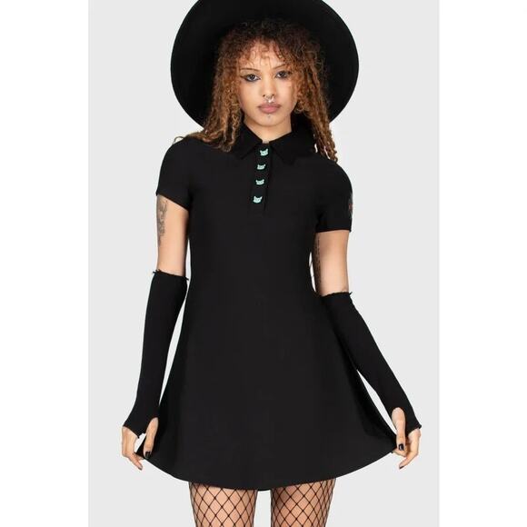 New Killstar Lil Vampurr Mini Shirt Dress Black Front Button Short Sleeve Sz XL - Picture 2 of 8